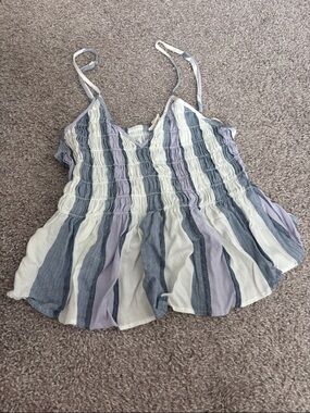 Ocean Drive Women’s Striped Smocked Cami Tank Top - White, Gray & Lavender